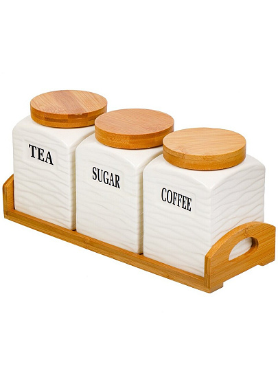 Банка для сыпучих продуктов, керамика, 3 шт, с крышкой, на бамбуковой подставке, Y6-6465
