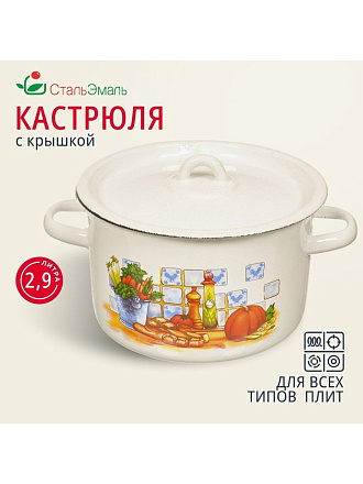 Кастрюля эмалированная сталь, 2.9 л, крышка сталь, цилиндрическая, СтальЭмаль, 1с16с/1, в ассортименте, индукция