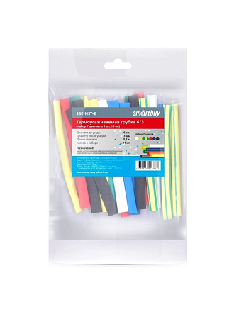 Термоусаживаемая трубка 6/3 мм, 21 шт, набор, 7 цветов по 3 шт, 100 мм, Smartbuy, SBE-HST-6