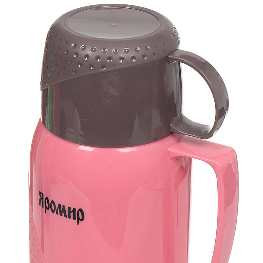 Термос пластиковый со стеклянной колбой Яромир ЯР-2022С/1 с узким горлом розовый с коричневым, 1 л