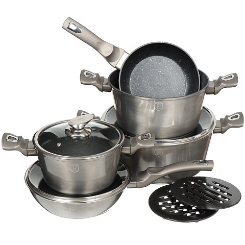 Набор посуды из алюминия Berlinger Haus Metallic Line 1219-ВН (кастрюли с крышками, сковорода, сотейник, подставка), 5 предметов