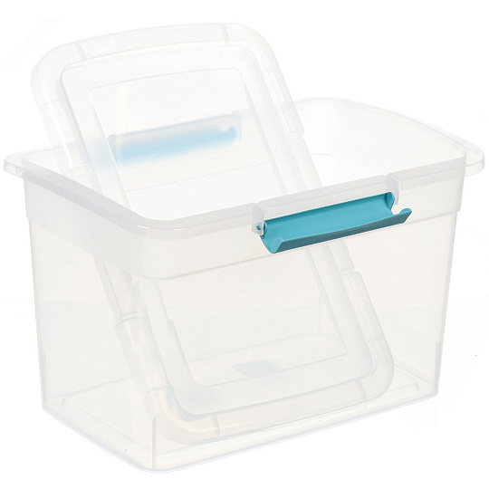Ящик хозяйственный 11 л, 23.5х35х22.2 см, с крышкой, с защелками, прозрачный, небесный, BranQ, Laconic mini, BQ2514НБСПР