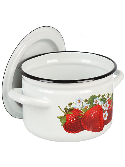 Кастрюля эмалированная сталь, 2 л, крышка сталь, цилиндрическая, Керченский металлургический завод, Клубника садовая, 41704-102/6-У4, белая