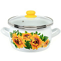Кастрюля эмалированная сталь, 4 л, крышка стекло, сферический, Сантэкс, Подсолнухи, 1-2440112, белая, индукция