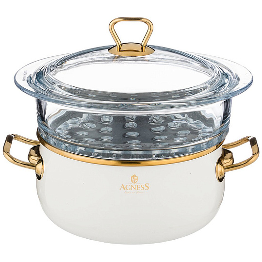 Пароварка Agness, эмаль со стеклян. вставкой и антипригар.&quot;мрамор.&quot; покрытием,3,2л диа.20см, 950-249