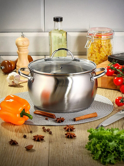 Кастрюля нержавеющая сталь, 6.5 л, крышка стекло, Daniks, Эмилия, CW-W075-24, индукция