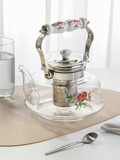 Чайник заварочный стекло, 1.4 л, с ситечком, Маки, Y4-6451/B050161