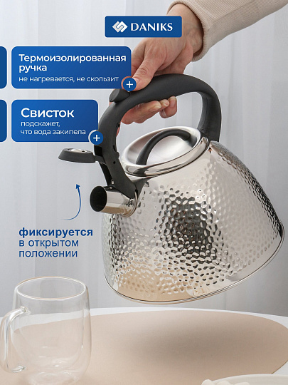 Чайник нержавеющая сталь, 3 л, со свистком, сатинированный, сталь 304, Daniks, индукция, GS-04197A-1