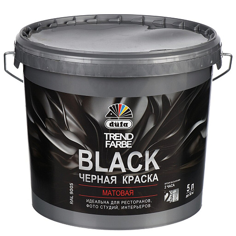 Краска воднодисперсионная, Dufa, Trend Farbe Black, акриловая, для стен и потолков, матовая, черная, 5 л