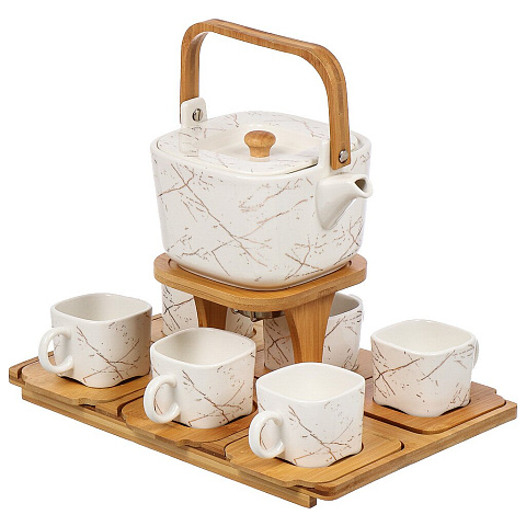Набор чайный керамика, бамбук, 15 предметов, на 6 персон, чайник 1000 мл, кружки 115мл, Мрамор, Y6-6473