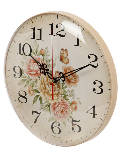 Часы настенные, кварцевые, 25 см, основание бежевое, круглые, Рубин, Цветы, 2526-101