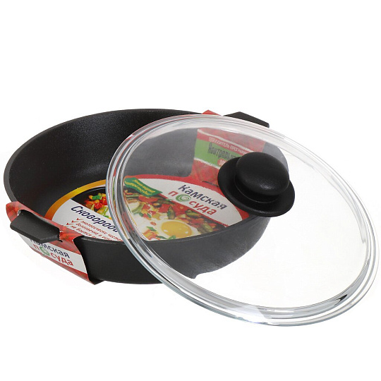 Сковорода чугун, 26 см, Камская посуда, с крышкой, с ушками, индукция, у6062