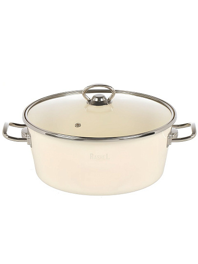 Кастрюля эмалированная сталь, 4.5 л, крышка стекло, ручки хром, RasheL, R9024, кремовая, индукция