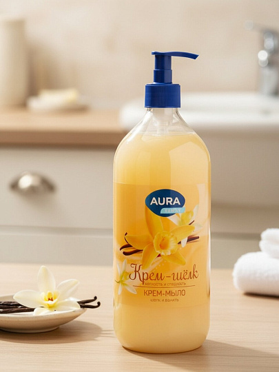 Крем-мыло жидкое Aura, Family, Silky Cream, Шелк и ваниль, 1л