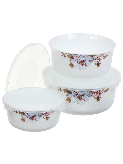 Салатник стеклокерамика, круглый, 3 шт, 9 см, 19, 16, 14 см, 0.5, 0.8, 1.4 л, с крышкой, Орлеан, Daniks, BY14HDW-3-T36