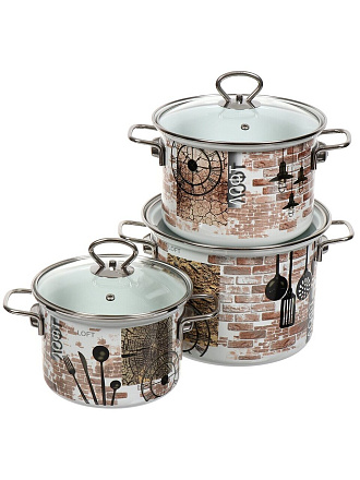 Набор посуды эмалированная сталь, 6 предметов, кастрюли 2.4,3.4,5 л, индукция, Керченский металлургический завод, Лофт-5-1-Элит, белый