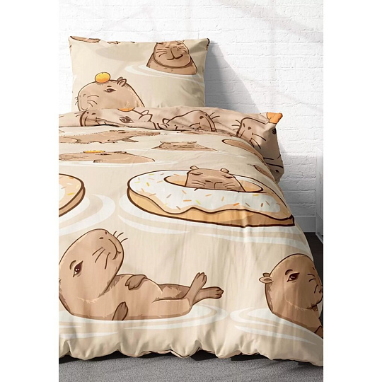 Постельное белье детское 1.5-спальное, простыня 150х214 см, 1 наволочка 70х70 см, пододеяльник 143х215 см, Crazy Getup, перкаль, Capybara 984611