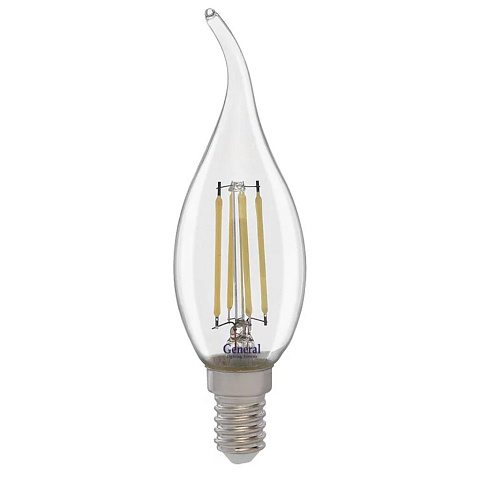 Лампа светодиодная E14, 10 Вт, 230 В, свеча на ветру, 4500 К, свет нейтральный белый, General Lighting Systems, Филамент, прозрачное стекло