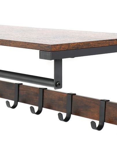 Вешалка настенная 10 крючков, с полкой, настенная, 65х30х42 см, ДСП, сталь, Лофт, LCR101B01, коричнево-черная