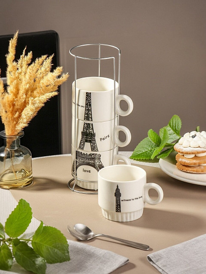 Кружка керамика, 4 шт, 220 мл, Эйфелева башня, JC-11782, металлическая подставка