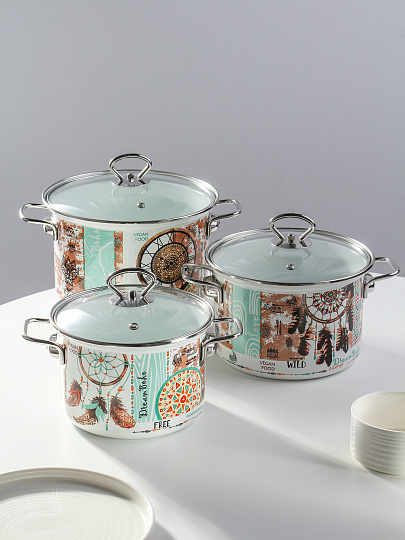 Набор посуды эмалированная сталь, 6 предметов, 1.9, 2.5, 5 л, индукция, Керченский металлургический завод, Бохо-5-1-Элит, белый