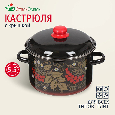 Кастрюля эмалированная сталь, 5.5 л, с крышкой, крышка сталь, СтальЭмаль, Рябина, 7RD221M/7RD221S, в ассортименте, индукция