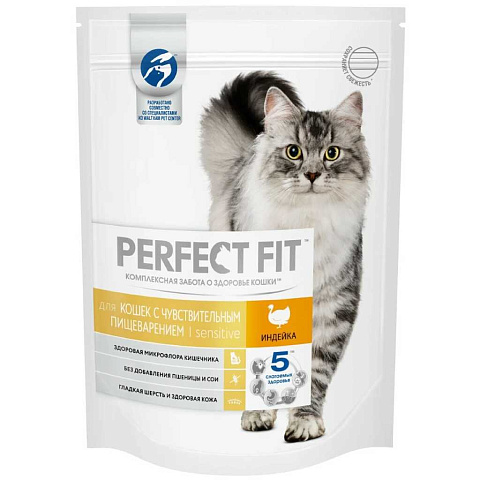 Корм для животных Perfect Fit, 190 г, для кошек с чувствительным пищеварением, сухой, индейка