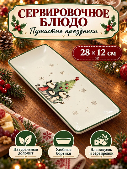 Блюдо доломит, прямоугольное, 12х28 см, Пушистые праздники, Daniks
