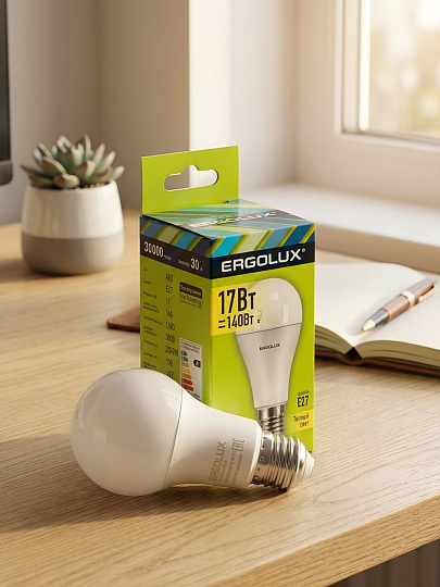 Лампа светодиодная E27, 17 Вт, 140 Вт, 220 В, груша, 3000 К, теплый белый свет, Ergolux, 13179