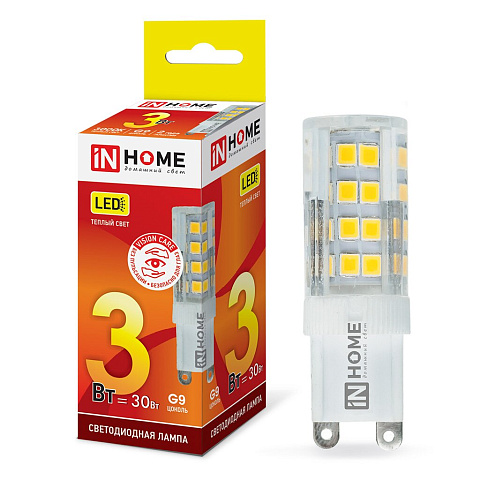 Лампа светодиодная G9, 3 Вт, 30 Вт, 230 В, капсула, 3000 К, свет теплый белый, In Home