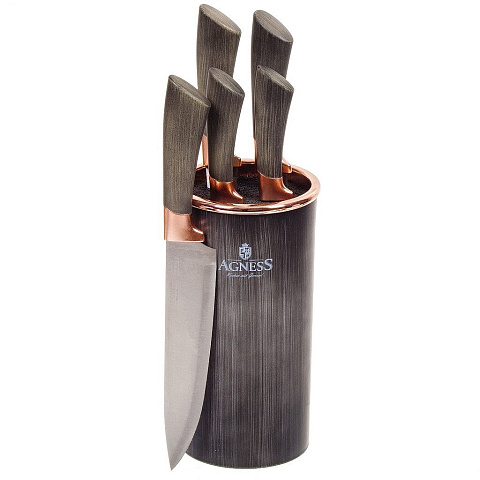 Набор ножей 6 предметов, 20 см, 20 см, 20 см, 12.5 см, 9 см, нержавеющая сталь, рукоятка пластик, с подставкой, пластик, Agness, 911-658