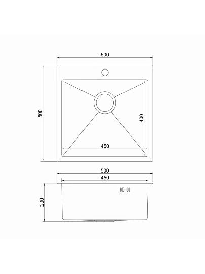 Мойка кухонная врезная, Mixline, Pro, нержавеющая сталь, 500х500х200 мм, 3 мм, выпуск 3 1/2, с сифоном, Нано декор, черный графит