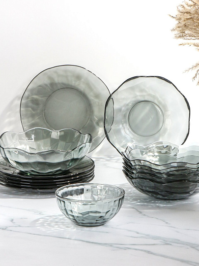 Сервиз столовый стекло, 19 предметов, на 6 персон, Daniks, Black Diamond, 50580, серый