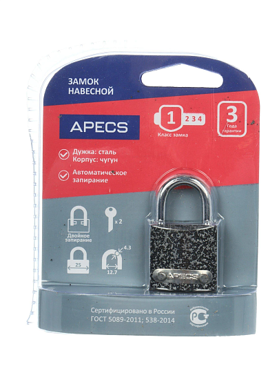 Замок навесной Apecs, PD-01-25, МВС-122, блистер, цилиндровый, 2 ключа