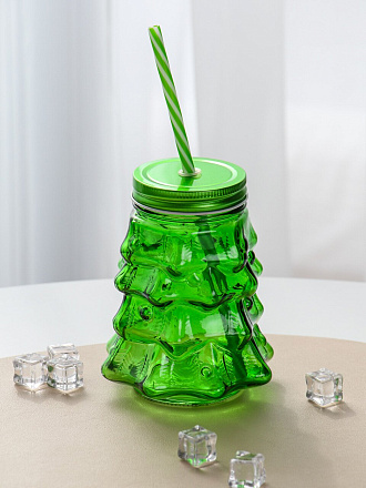 Стакан 580 мл, стекло, Daniks, Елка, с трубочкой, зеленый