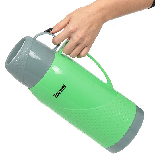 Термос пластиковый со стеклянной колбой Яромир ЯР-2023С/1 с узким горлом зеленый с серым, 1.8 л