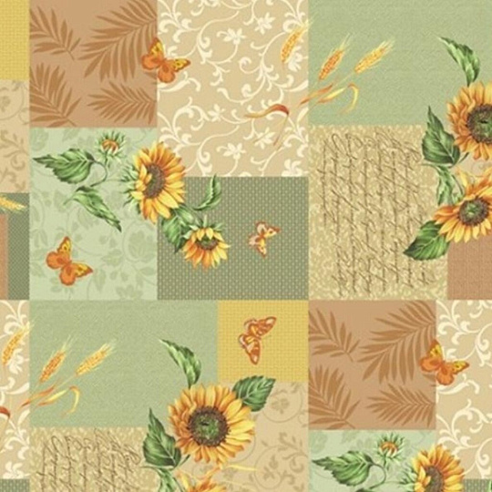 Клеенка Колорит, Мажор Перфект, 1.3х20 м, ПВХ на нетканой основе, Подсолнух на зелено- коричневом фоне, Россия, 505/0