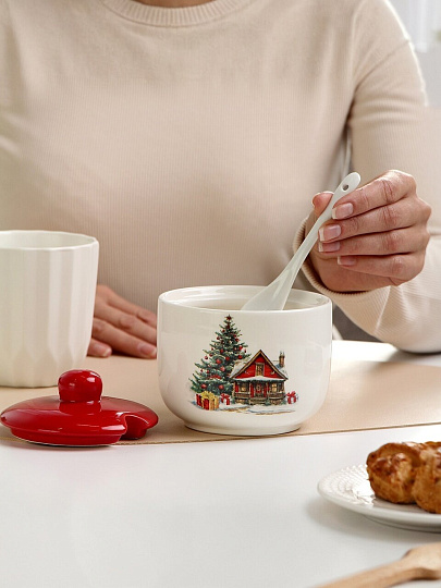 Сахарница 500 мл, доломит, 11.2х11.2х11 см, с ложкой, Daniks, Уютный дом