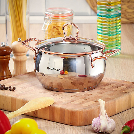 Кастрюля нержавеющая сталь, 2.5 л, крышка стекло, Daniks, Карлин, GS-01332G-18, индукция