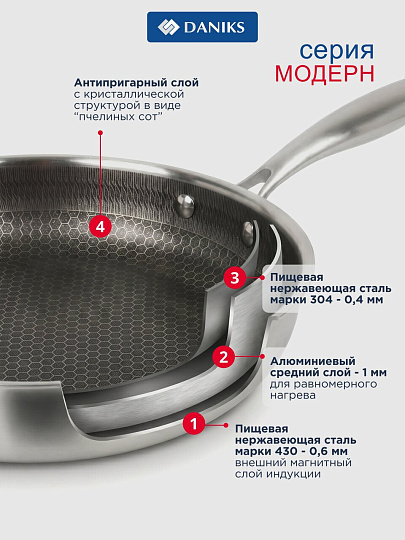 Сковорода нержавеющая сталь, 26 см, антипригарное покрытие, Daniks, Модерн, ячеистая лазерная гравировка, индукция, S-AT29F10-26