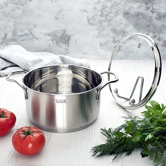 Кастрюля нержавеющая сталь, 2 л, крышка стекло, Taller, Инесс, TR-17256, индукция
