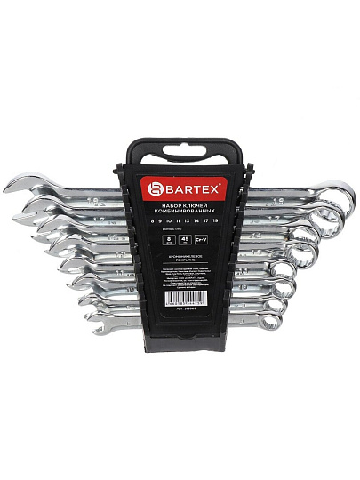 Набор ключей комбинированный, 8 предметов, Bartex, 8-19 мм, хромированный зеркальный, CrV сталь, держатель