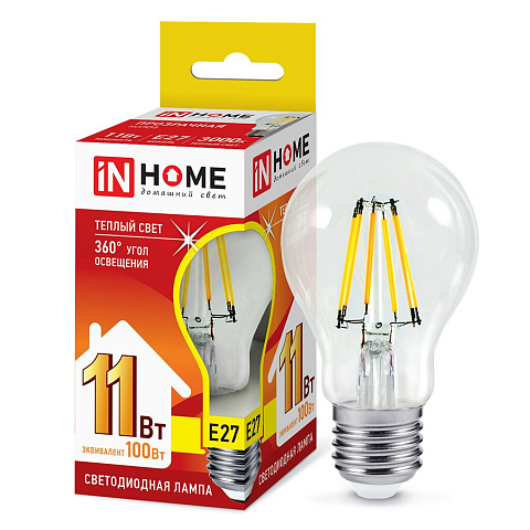 Лампа светодиодная E27, 11 Вт, 100 Вт, 230 В, груша, нитевидная, 3000 К, свет теплый белый, In Home