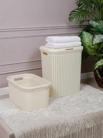 Корзина для белья, 60 л, прямоугольная, плетеная, пластик, слоновая кость, Violet, 186026