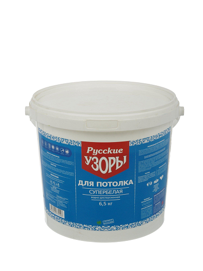 Краска водно-дисперсионная, Русские узоры, для потолков, матовая, супербелая, 6.5 кг