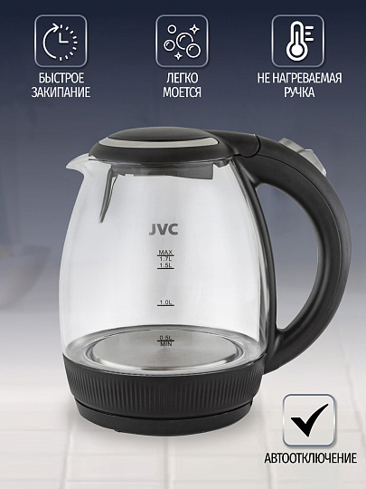 Чайник электрический JVC, JK-KE1516, черный, 1.7 л, 2200 Вт, скрытый нагревательный элемент, стекло