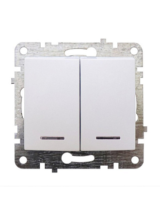 Механизм выключателя скрытой установки, двухклавишный, без заземления, подсветка, белый, Quel Lumina, 4105-0021-90102