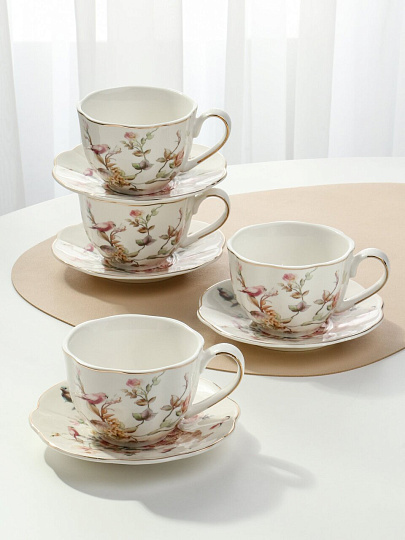 Набор чайный керамика, 8 предметов, на 4 персоны, 250 мл, Beatrix, Птички, МЛ125P/4, подарочная упаковка