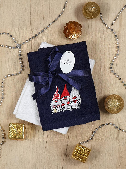 Набор полотенец кухонных 2 шт, 40х60 см, махровый, 100% хлопок, Silvano, Зимнее настроение Гномики, синий, Турция