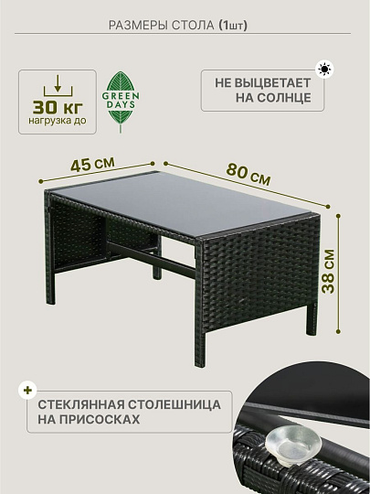 Мебель садовая Green Days, Гранд де Люкс, стол, 80х45х38 см, 2 дивана, подушка, 150 кг, бежевые подушки, угловой диван 165х60х75 см, 110х60.75 см, YTRS23088